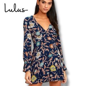 LULU'S Open Country Navy Blue Floral Print Long Sleeve Dress Mini | Sz M